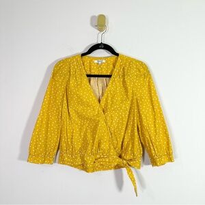 Madewell Yellow White Star Print Cotton 3/4 Sleeve Wrap Crop Top